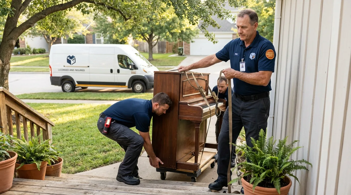 Licensed piano movers securing grand piano in Arnolds Park, IA