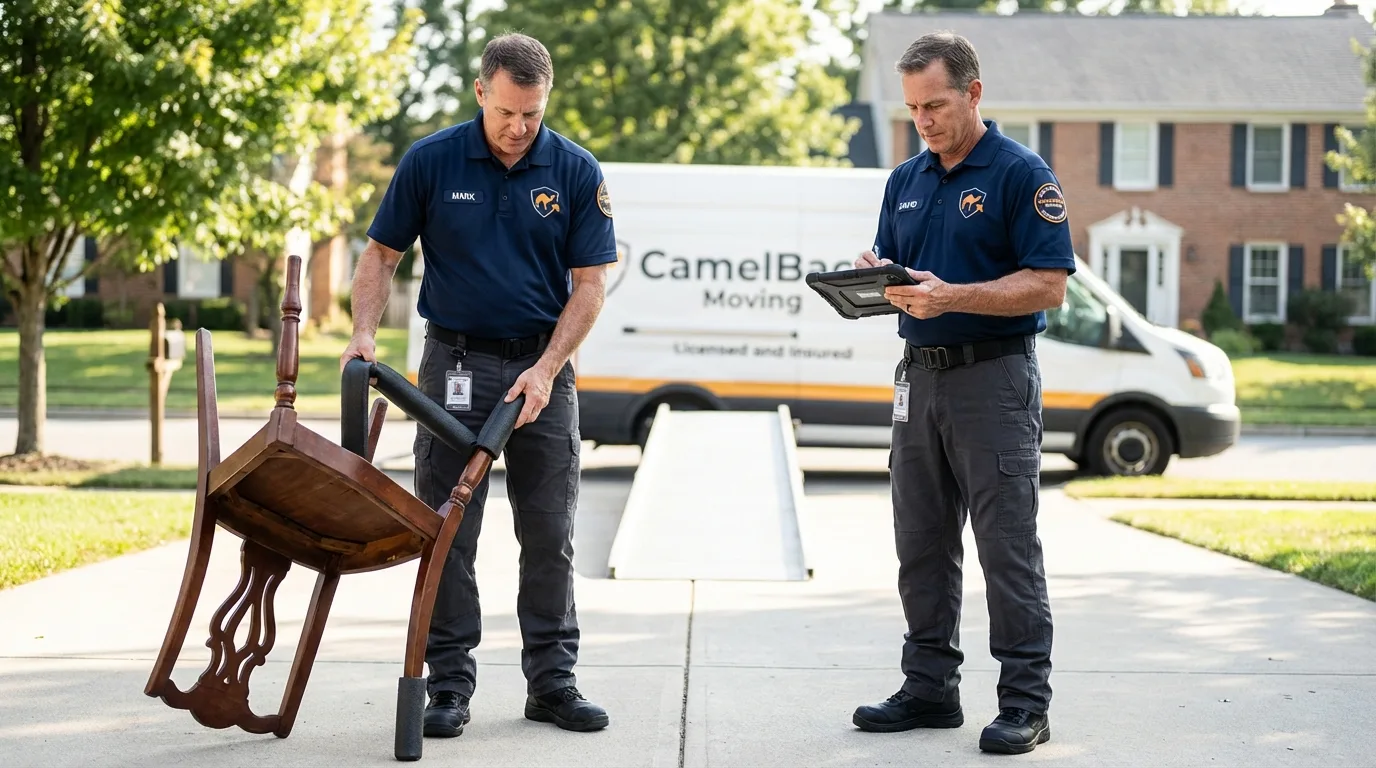 Movers inspecting furniture for damage prevention before loading in Arnolds Park, IA