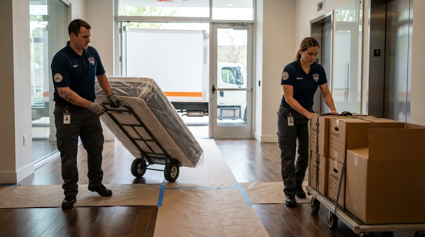 Professional apartment movers loading elevator in Arnolds Park, IA