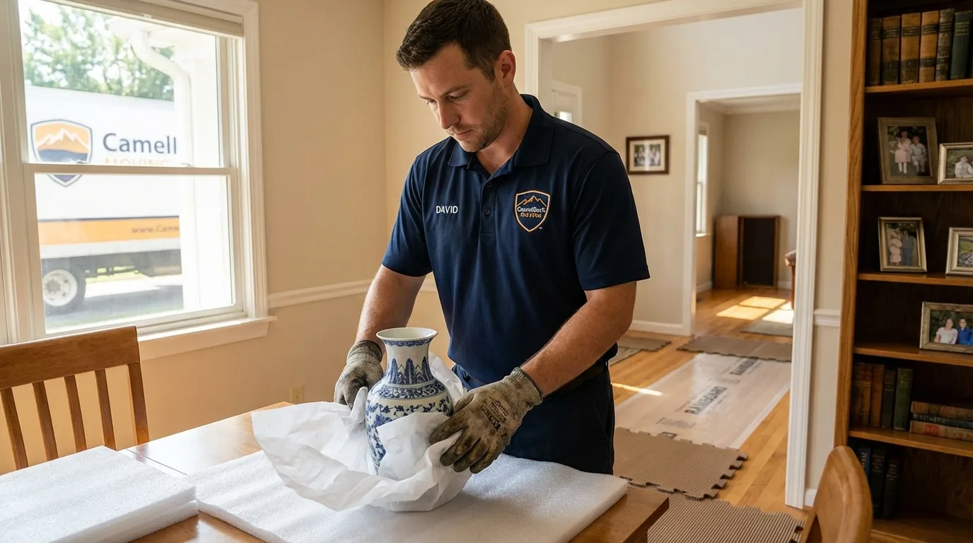 Professional crew carefully wrapping antique vase for senior downsizing move in Arnolds Park, IA